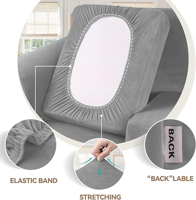 WEERRW Velvet Couch Covers for 2 Cushion Couch Sofa - High Stretch Luxury Velvet Plush 3 Pieces Sofa Slipcovers with Elastic Bottom, Furniture Protector for Pets, Machine Washable, Silver Grey, Medium
