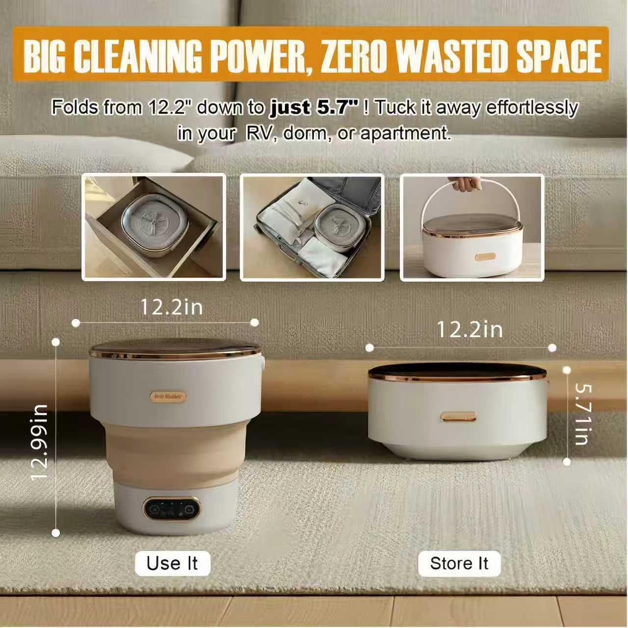 Portable Foldable Washing Machine, 13L Mini Washer with Spin Basket | For Socks, Underwear & Baby Clothes | Compact for Apartment, Dorm, Travel | Khaki