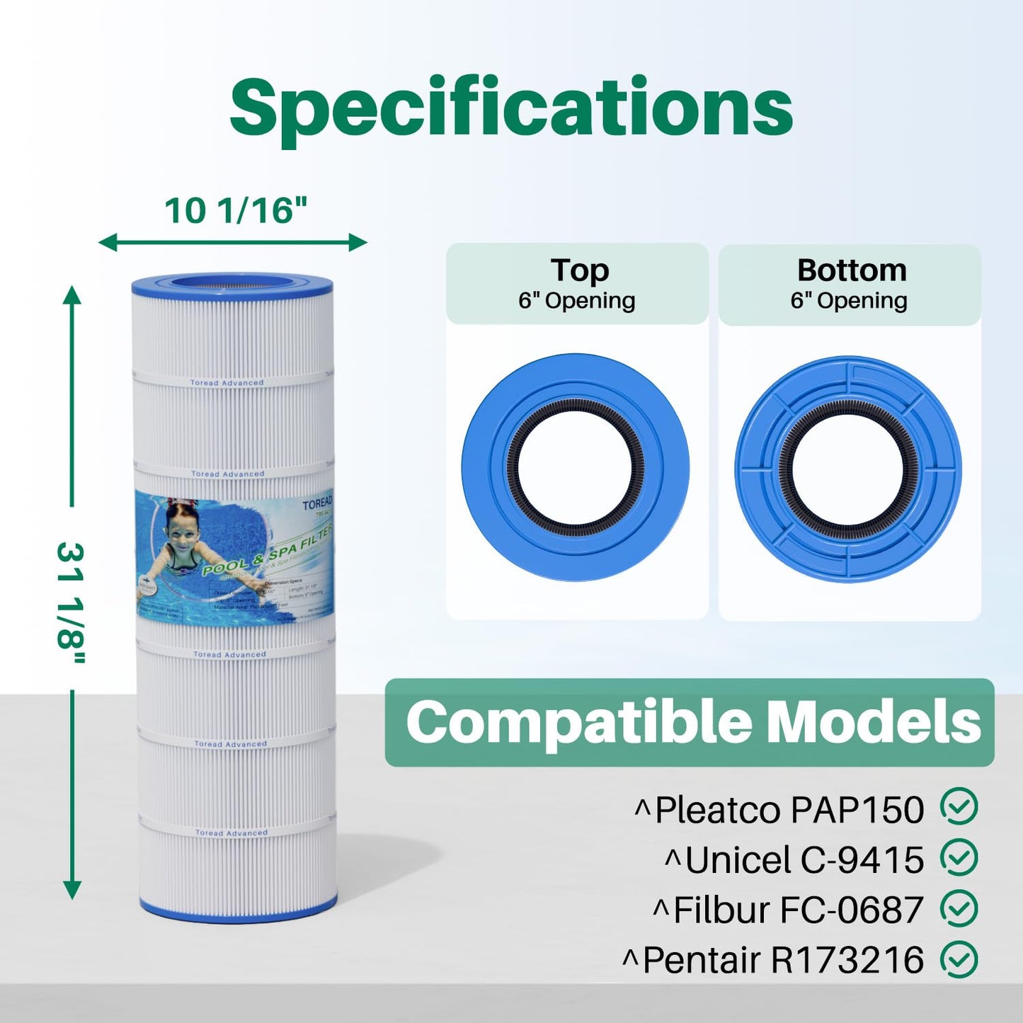 TOREAD Pool Filter Replacement for Pentair CC150, CCRP150, PAP150, PAP150-4, Ultral-C4, PP-C4, Unicel C-9415, R173216, 59054300, Filbur FC-0687, 160317, 160355, 160352, L x OD: 31 1/8" x10 1/16"