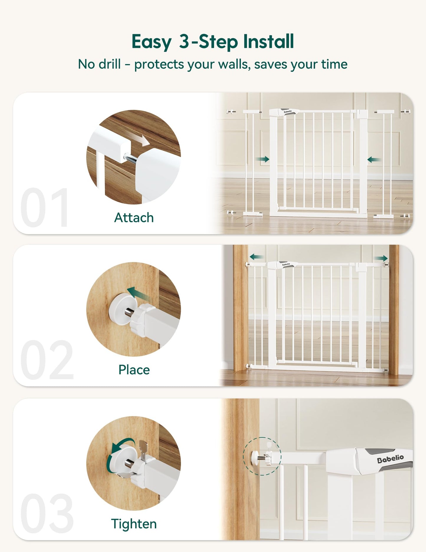 Babelio Baby Gate, 29-48 Inch Auto Close Pet Gate PressGuard P7, Easy Install Pressure-Mounted Safety Gate, Extra Wide Pet Gate for Stairs and Doorways, 2 Pack White