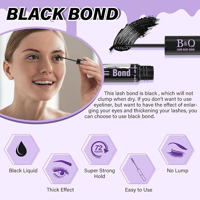 B&Qaugen Lash Bond and Seal Waterproof 10ML Eyelash Bond and Seal Lash Glue for Lash Clusters 72 Hours Black Lash Glue and Bond Super Strong Lash Extension Bond and Seal Long Lasting (NewST-HEI New)