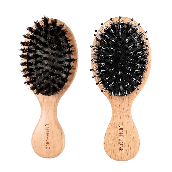 URTHEONE 2Pcs Mini Boar Bristle Hair brush and Small Hairbrush for Thick Curly Thin Long Short Wet or Dry Hair, Mini Detangler, Pocket Brush with Soft Boar Bristles