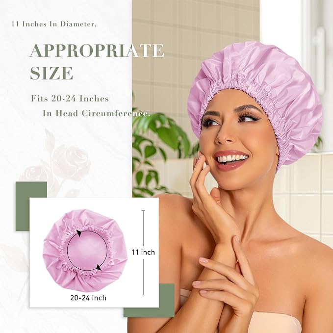 Reusable Shower Cap for Women, Large Waterproof Shower Bonnet with Elastic Band, Washable Bath Hair Cap for Long, Curly Hair, Braids, Daily Shower, Home Spa, Travel(Purple)