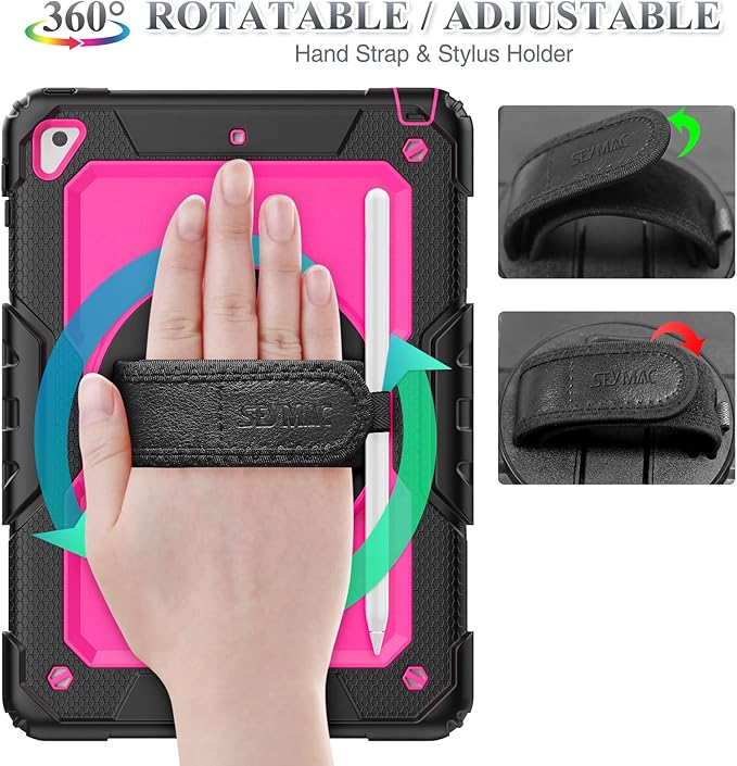 SEYMAC stock Case for iPad 6th / 5th Generation Case/Air 2 / Pro 9.7 inch, Heavy Duty Protective with Screen Protector, with Pencil Holder, Hand Strap, Shoulder Strap, 360 Rotate Stand, Pink+Black