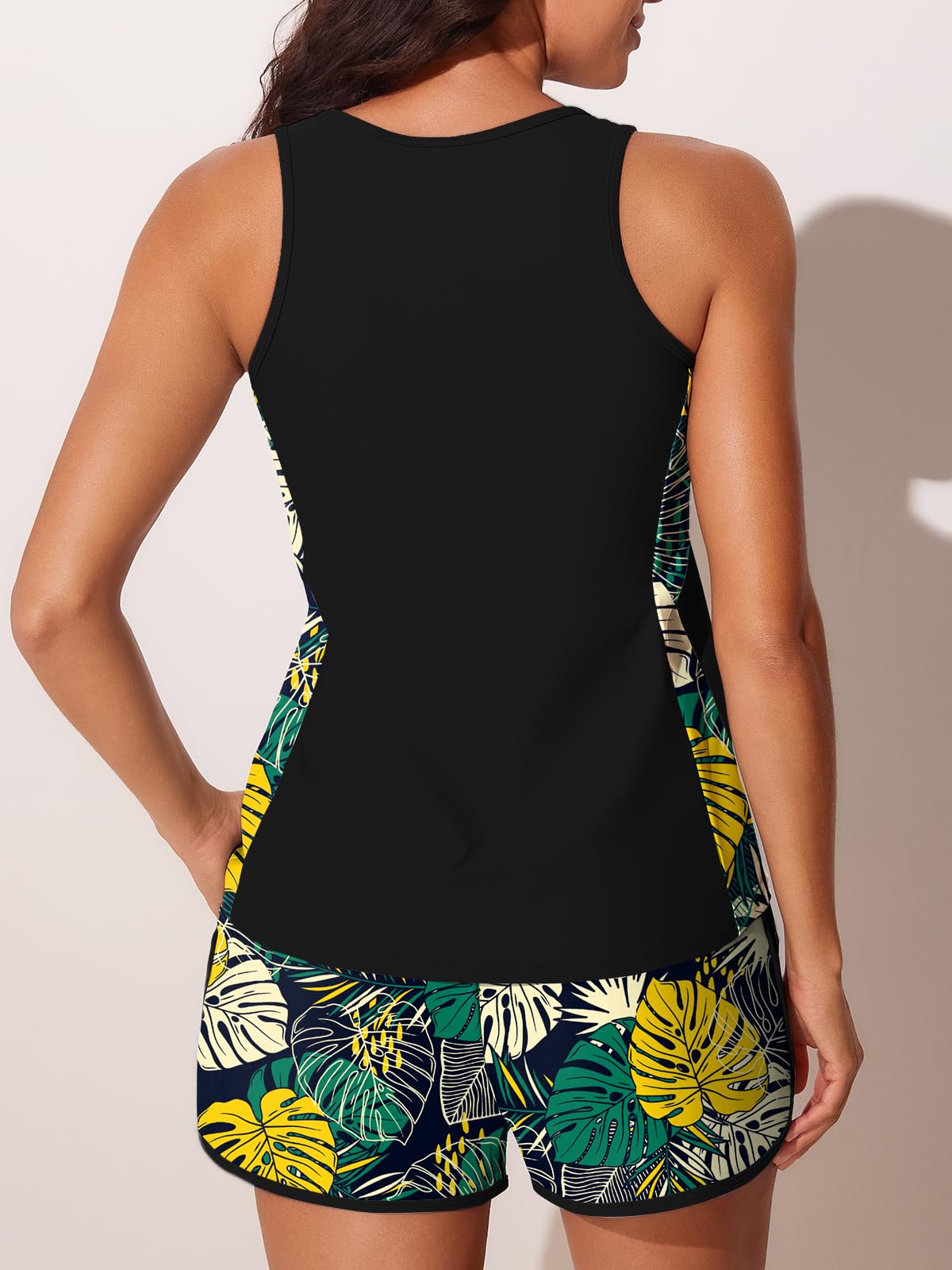 Summer Mae Blouson Tankini Swimsuits for Women 2026 Tummy Control Two Piece Bathing Suits with Sporty Pockets Swim Shorts Yellow Green Monstera Size 16