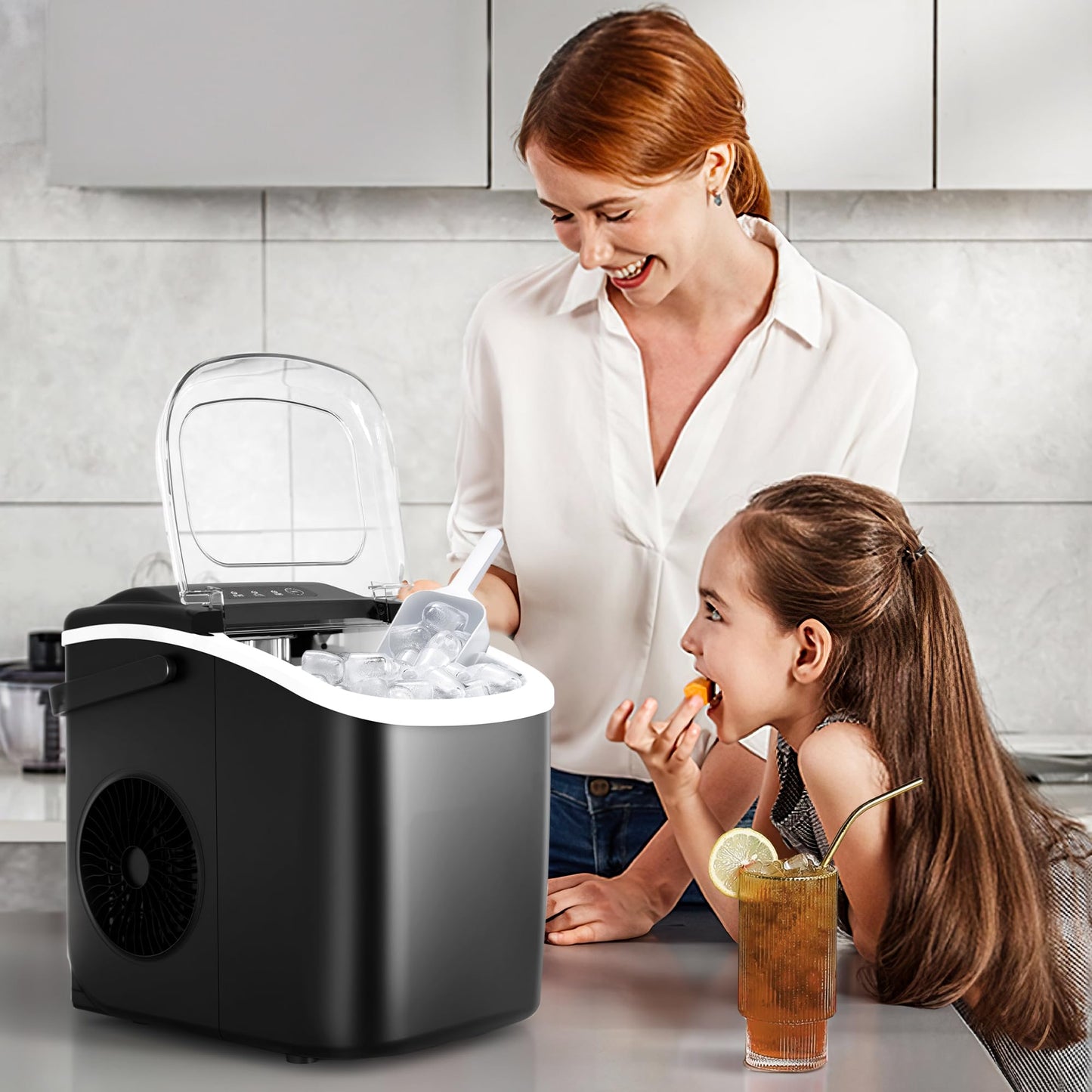Crzoe Portable Countertop Ice Maker Machine with Handle, 9 Bullet-Shaped Ice Cubes Ready in 6 Mins, 26Lbs/24H, Self-Cleaning Function with Ice Scoop and Basket for Home/Kitchen/Party(Black)