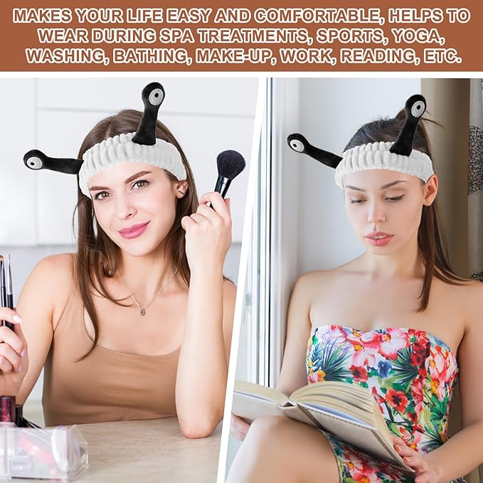 Face Wash Headband, Palm and Snail Spa Hair Bands Makeup Headbands Women Cartoon Cute Coral Fleece Elastic Headband Creative Hair Accessories for Washing Face Shower Sports (White&Black)