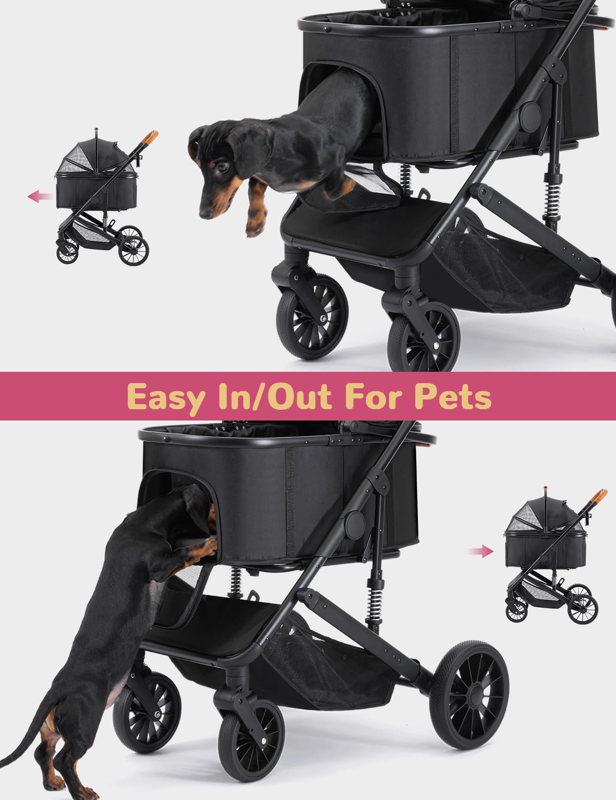 SUNTHX Dog Stroller for Small Medium Dogs Up to 60lbs, 4 Wheels Folding Pet Stroller with Detachable Carrier, Pet Travel Carrier for 2 Dogs & Cats, Storage Basket, Breathable Mesh, Cup Holder, Black