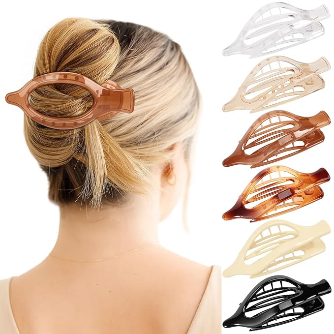 6 Packs Flat Claw Clips for Women, French Concord Flat Hair Clip, Matte Curved Hair Claws Clip, Lay Down Claws Clips, Durable Strong Hold Hair Clip (Amber)