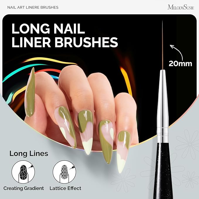 MelodySusie Nail Art Liner Brushes 5Pcs Professional Gel Polish Painting Art Design Pen Set for Thin Long Lines, Tiny Details, Fine Drawing, Delicate Coloring Sizes 5/7/9/11/20mm