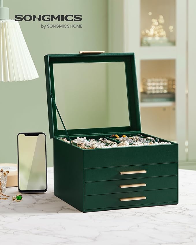 SONGMICS GISELLA Collection - Jewelry Box Organizer, 4-Layer Jewelry Storage with 3 Drawers, Shiny Metal Hardware, Glass Lid, Modern, 8 x 9.1 x 6.5 Inches, Forest Green and Gold Color UJBC173C01