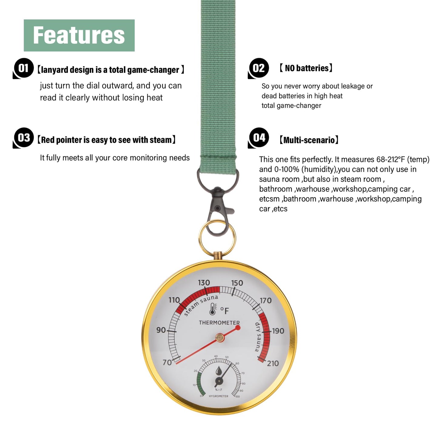Andelov Sauna Thermometer and Hygrometer (Fahrenheit) with Lanyard Mount, Portable Temperature & Humidity Monitor for Steam Sauna Box, Infrared/Indoor/Home Sauna Accessories