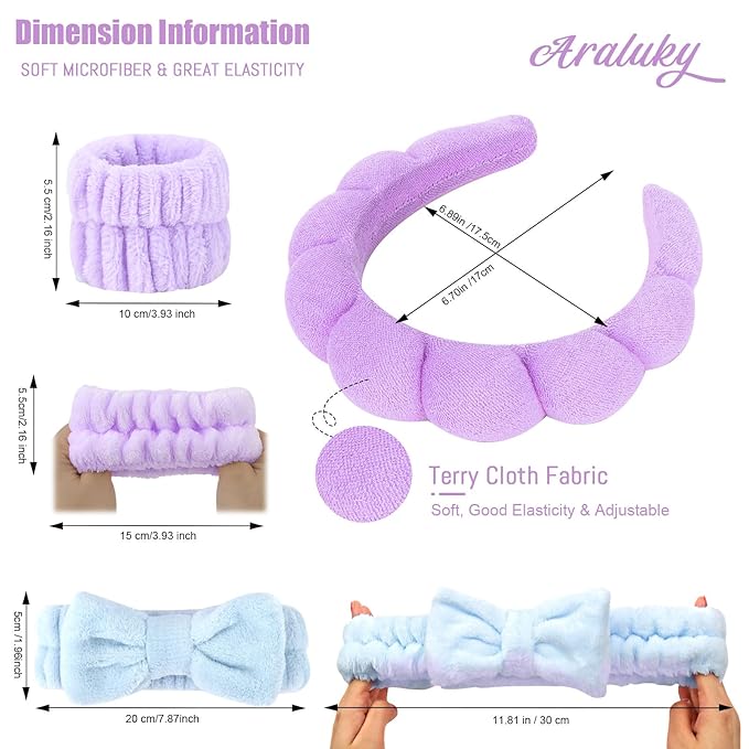 6 Pcs Terry Cloth Headbands and Wristbands - Sponge Makeup Removal, Skincare, Shower