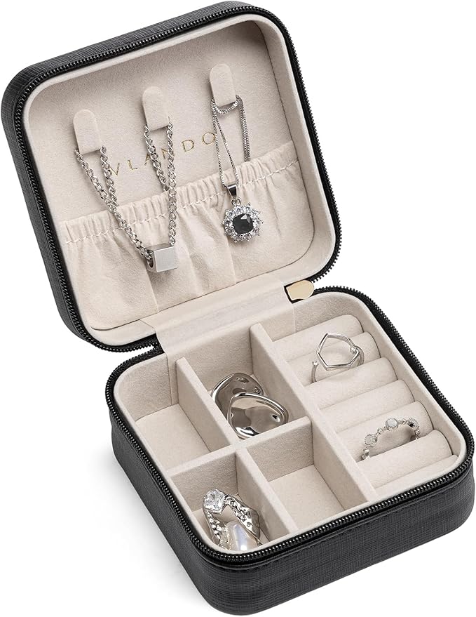 VLANDO Travel Jewelry Box, Small Jewelry Travel Organizer Case for Girls Women - Black