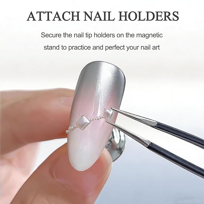 Nail Stand for Press Ons Display Practice for Acrylic Nails, Magnetic Fake Nail Tips Holder with Metal Base for Painting Tools, Designs with Reusable Double-Sided Tape for Home DIY Art Salon Supplies
