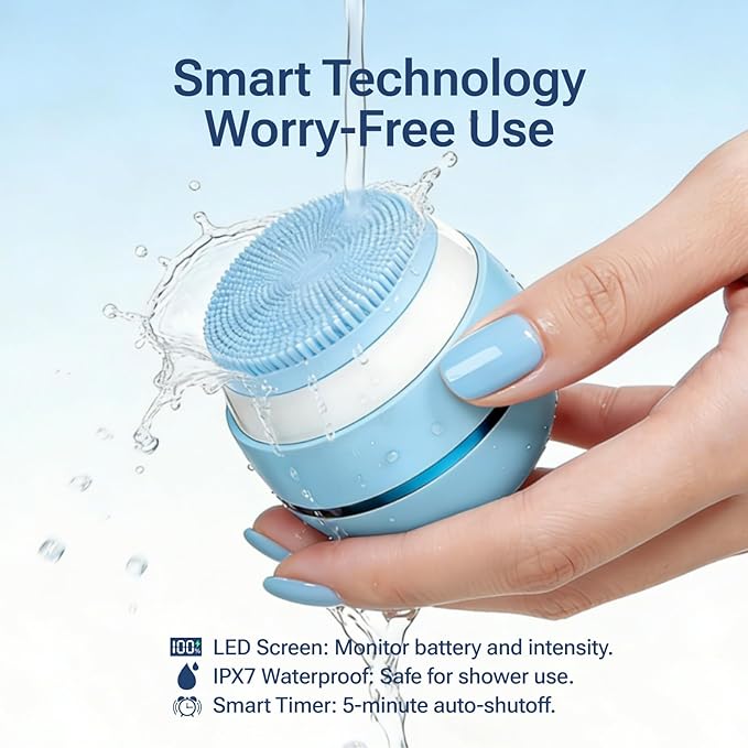 Electric Face Scrubber & Silicone Facial Cleansing Brush - Waterproof Sonic Face Brush Exfoliator with LED Screen, 3 Beauty Light Modes, Rechargeable Face Wash Brush for Deep Cleaning & Massage-Blue