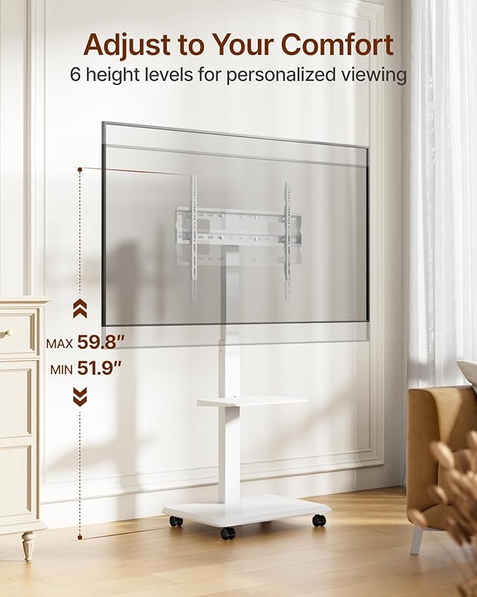 ECOTINY Steel Base Rolling TV Stand for 32-75 inch TVs up to 110 lbs, Leveling & Tilt & Swivel Mobile TV Stand with Hidden Wire Management, Height Adjustable Portable Tv Stand with Steel Shelf, White