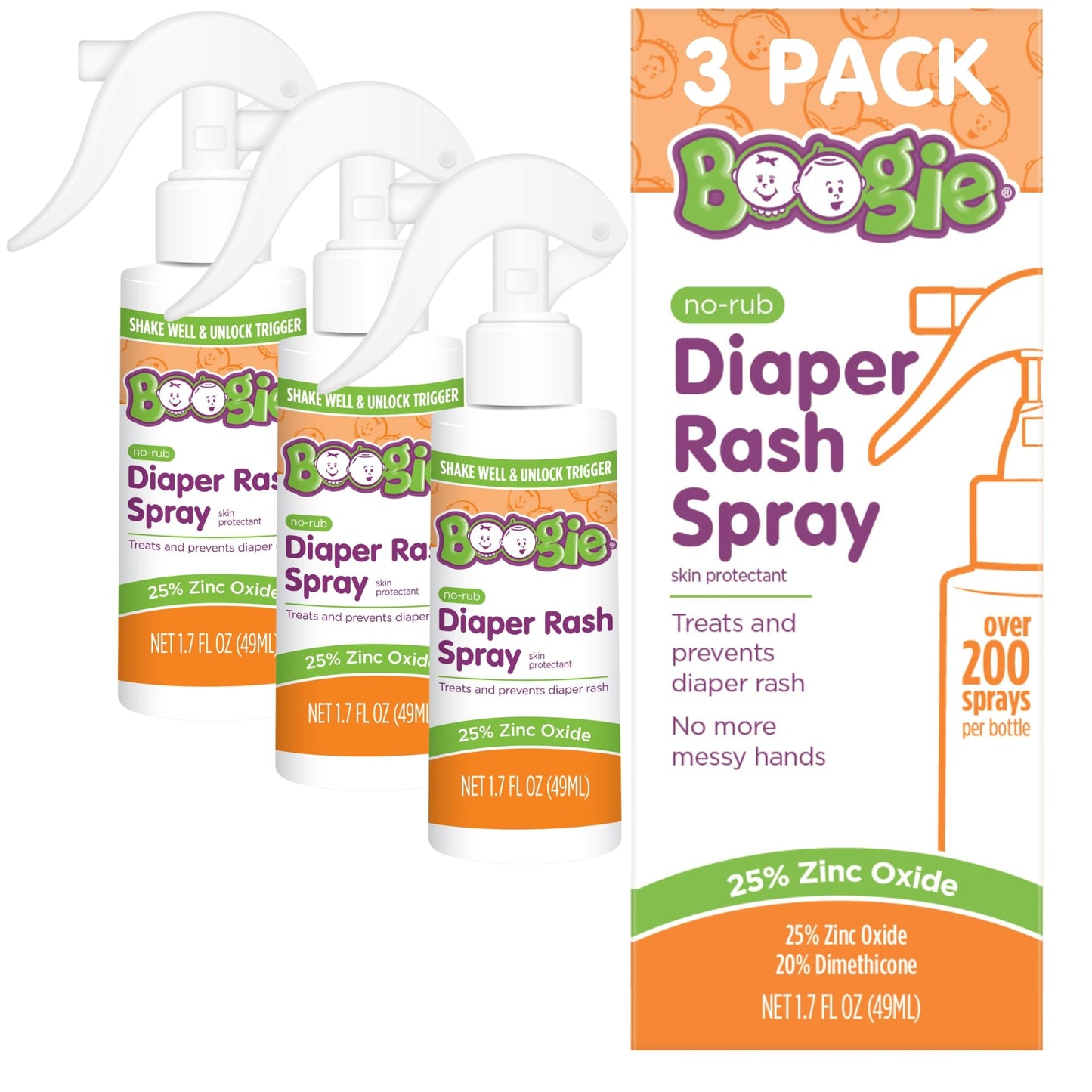 Boogie No-Rub Diaper Rash Spray - (3 Pack) 1.7 fl oz - Diaper Cream Spray for Infants and Babies - Touch-Free Application - Baby Essentials