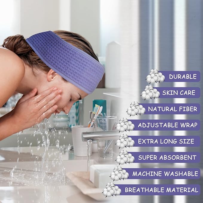(3 Pack Adjustable Makeup Headband with Magic Tape Natural Terry Waffle Sweat-Absorbent Spa Shower Wrap Yoga Sports Hairband (Purple))