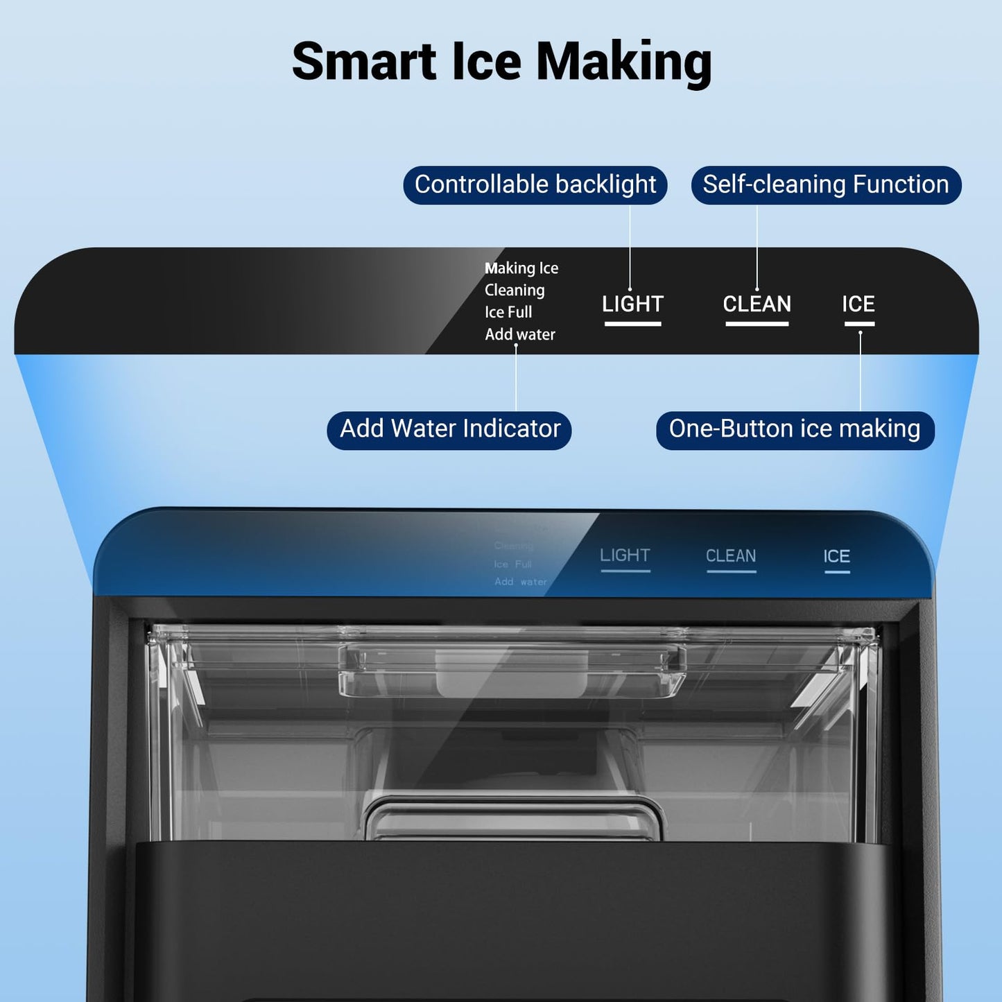 43lbs/24h Nugget Ice Maker Chewable Ice Ready in 5-10Mins, Self-Cleaning Stainless Steel Countertop Ice Maker for Home, Kitchen, Office, Party