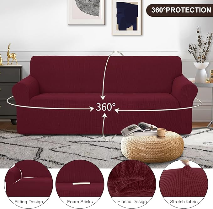 U-NICE HOME Stretch Couch Cover Sofa Cover Washable Sofa Slipcover Furniture Protector for 3 Cushion Couch Sofa Pet Friendly(Sofa, Burgundy)