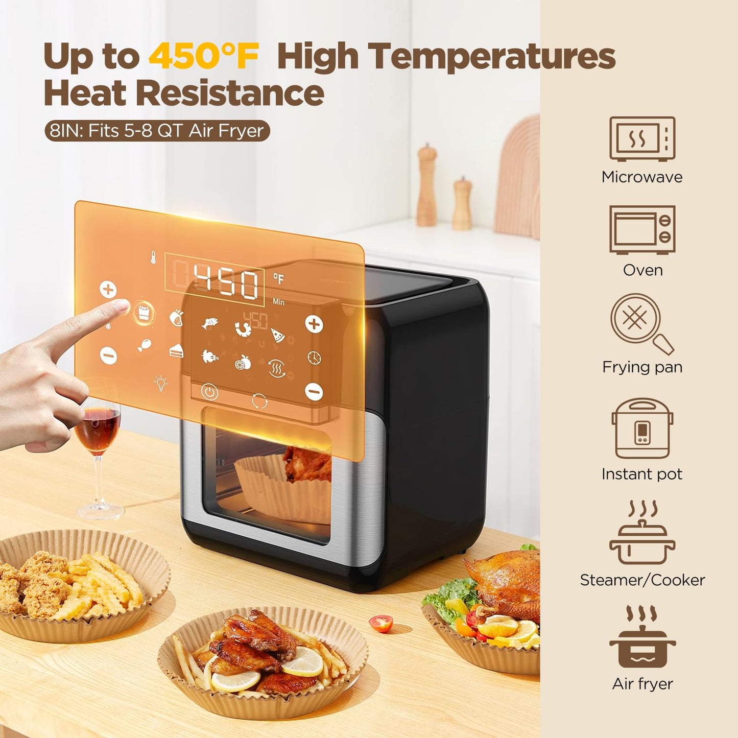 Air Fryer Liners Disposable, 200PCS Non-stick Oil Resistant Air Fryer Parchment Paper Liners, 8 Inch Air Fryer Liners, Round Airfryer Liners for 5-8QT Air fryer, Baking, Roasting Microwave
