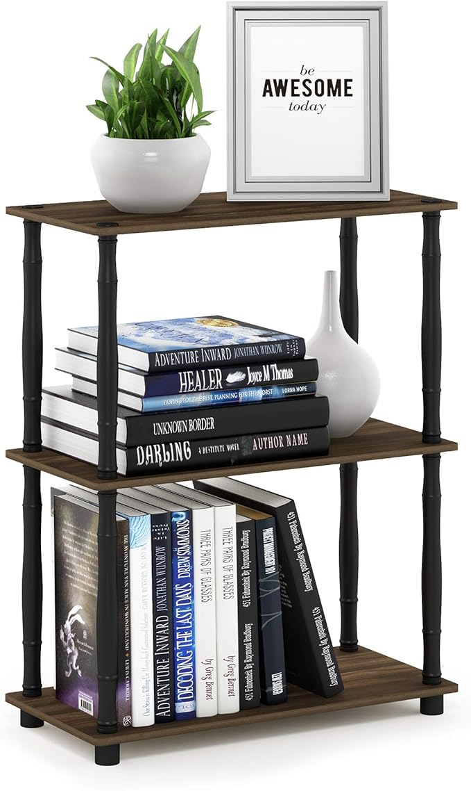 Furinno TURN-N-TUBE Storage Shelves, 3-Tier Book Shelf, Corner Shelf, Toolless Open Shelves, for Organization and Storage, Living Room, Garage, Home Office, Columbia Walnut