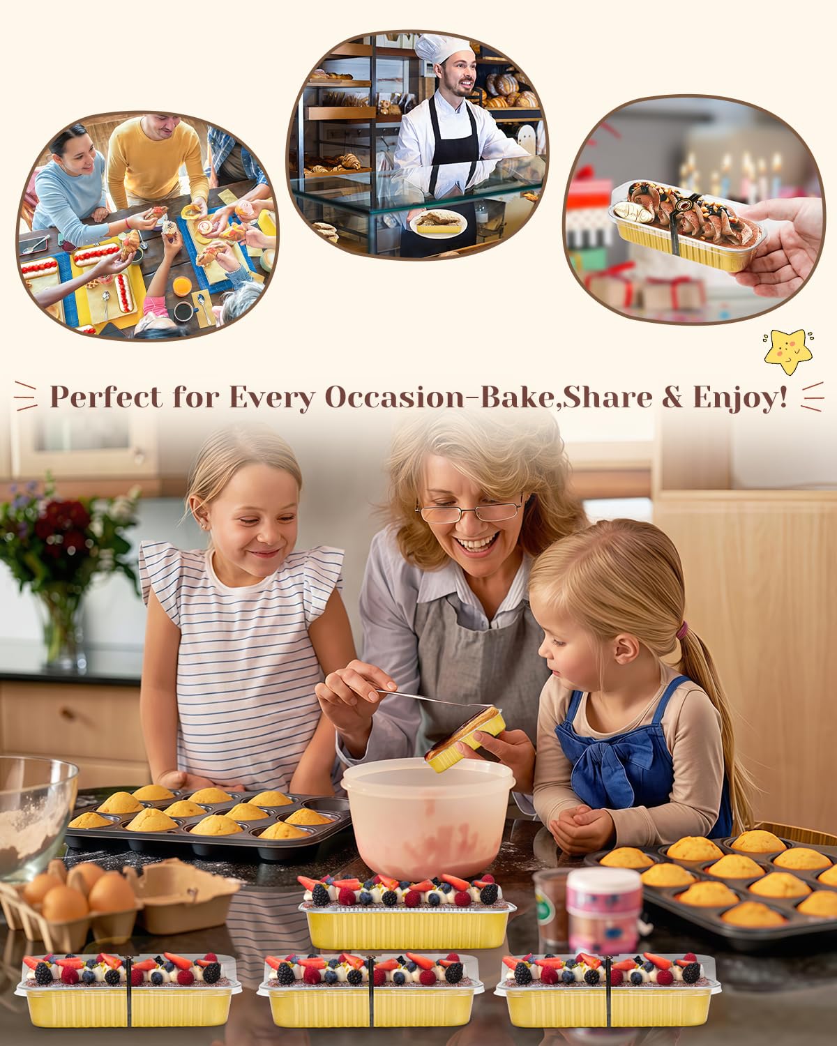 YQER 100 Pack Mini Loaf Pans with Lids, Spoons & Stickers – Disposable Aluminum Foil Baking Cake Containers for Oven, Air Fryer & Freezer – Ideal for Cakes, Bread, Pudding, Parties & Gifting, Gold