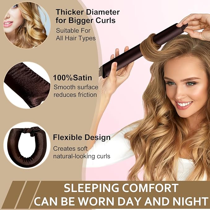 Satin Heatless Hair Curler,4 Piece Set,Overnight Heatless Curls, Not easy to slip Heatless Curling Rod You Can Sleep In, Soft Silk DIY Hair Styling Tools Kit, Silk Bonnet for Sleeping-Brown