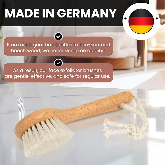 SHASH Since 1869 Hand Made in Germany - Sustainable Exfoliating Face Brush, Scrub Cleansing Brush, Exfoliates Skin to Help Reduce Flaking, Fine Lines, Supports Glowing Complexion (Soft Goat Bristle)