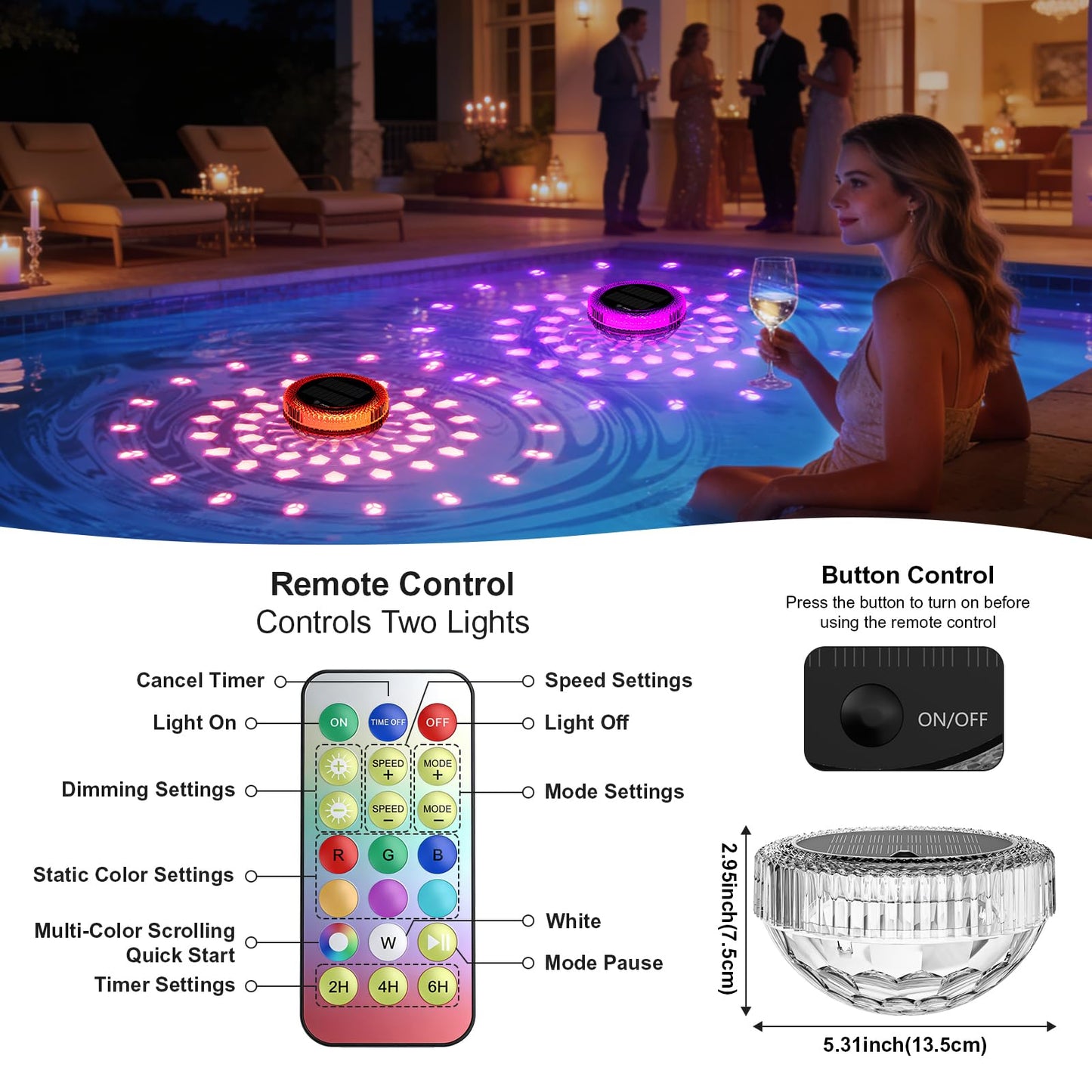 Bsgifts Solar Floating Pool Lights, Outdoor LED Pool Lighted that Float with Remote, IP68 Waterproof Swimming Decor Lighting for Inground Pool, Above Ground Pools, Pond, 2 Pack