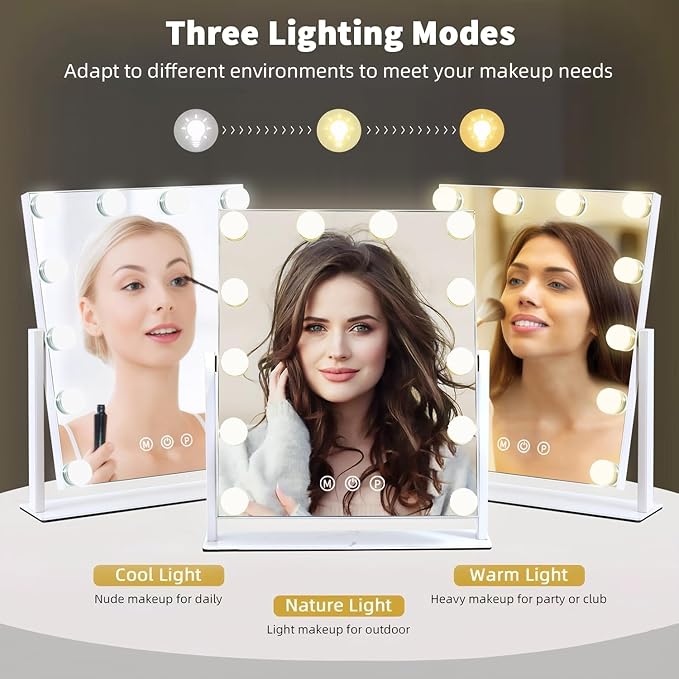 Vanity Mirror with Lights, 13'' x 11'' Lighted Makeup Mirror for Desk, Hollywood Mirror with 12 Dimmable Bulbs, 3 Color Modes, Smart Touch Control, 360°Rotation, Gifts for Women