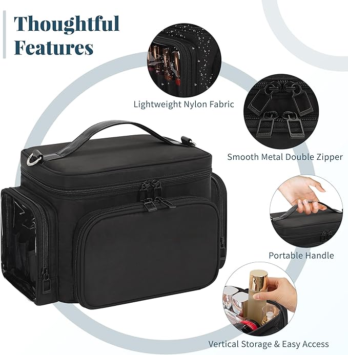Bagmoly Makeup Bag, Portable Large Travel Makeup Bag Organizer for Women Girls with Makeup Brush Compartment, Cosmetic Travel Bag Vertical Storage Toiletry Bag - Black with Shoulder Strap