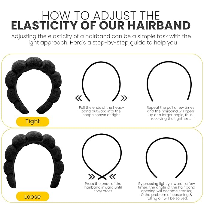 Black Spa Headband and Wristband Set Ã¢ÂÂ 3pc Face Wash Kit for Skincare & Makeup Ã¢ÂÂ Puffy Terry Cloth Hairband for Women, Girls Ã¢ÂÂ Cute Self-Care Gift Idea