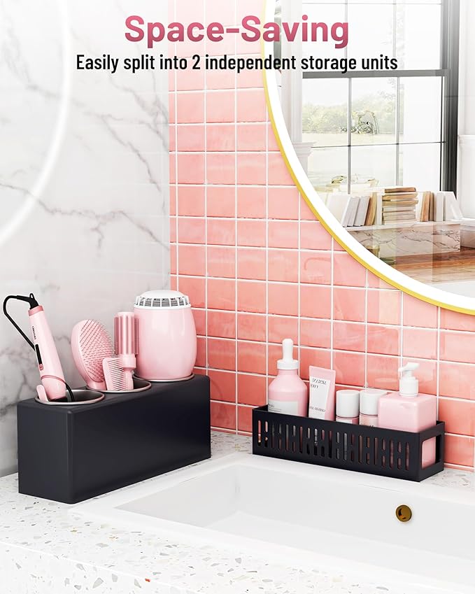 Hair Tool Organizer, Detachable Hair Dryer Holder with 3 Stainless Steel Cups, Wall Mounted Bathroom Organizers and Storage for Accessories, Curling Irons, Straighteners, Toiletries, Makeup
