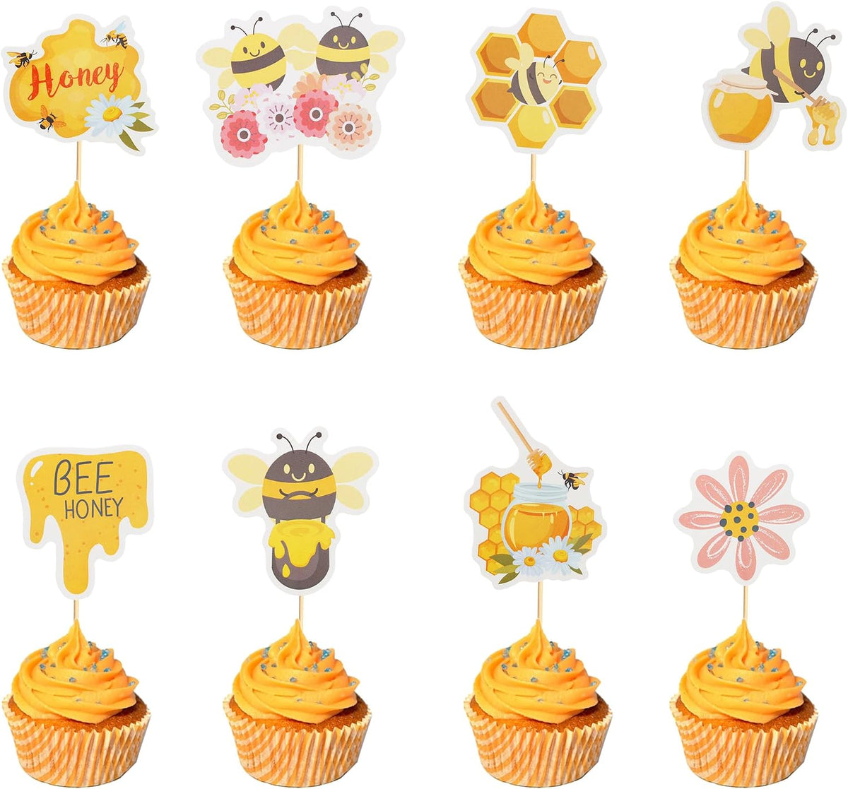 Arthsdite 24Pcs Bumble Bee Cupcake Toppers Flower Sweet Bee Honeycomb Cupcake Picks Flower Oh Babee Cake Picks for Bee theme Baby Shower Kids Boys Girls Birthday Party Cake Decorations Supplies