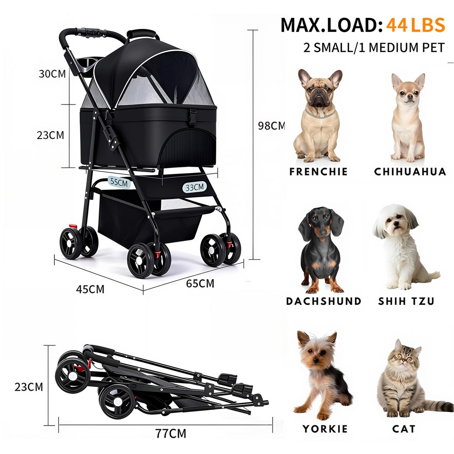 3-in-1 Dog Strollers for Small/Medium Dogs Cats,4 Wheels Pet Stroller,Detachable Carrier Basket,Breathable Mesh,Storage Basket,Cup Holder,Weather Cover,Black