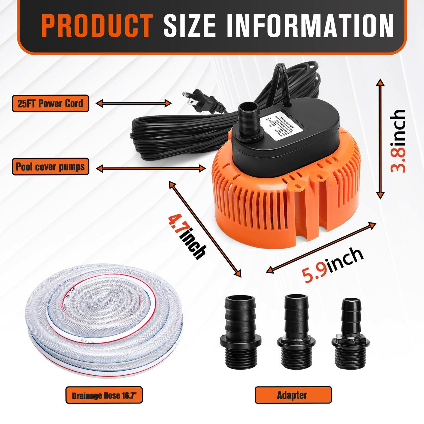 Sump Pump,Pool Cover Pump above Ground,submersible water pump Swimming Water Removal Pumps,for Swimming Pool Basement Garden Pond Tubs Draining,75W,Max Flow:850GPH,3 Adapters,25 Ft Power Cord (Orange)