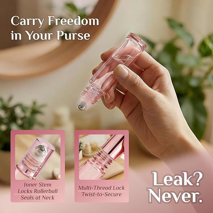 PrettyCare 12 Pack, 10 ml Essential Oil Roller Bottles with Stainless Steel Roller Ball - Refillable Leak-proof Empty Thick Pink Glass Roll on Bottles with Pink Caps for Travel, Perfume