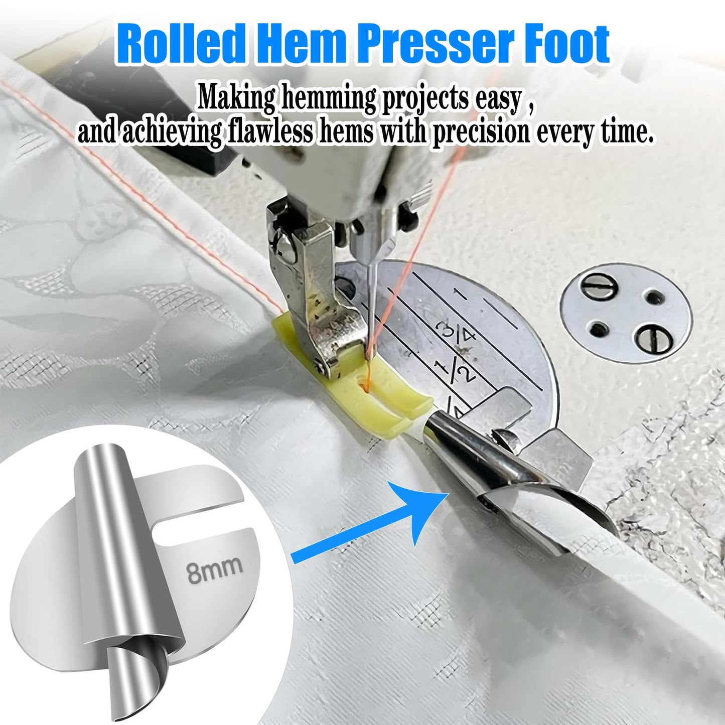 TOOVREN Sewing Rolled Hemmer Foot 8PCS Rolled Hem Presser Foot 3/4/5/6/7/8/9/10mm 8 Sizes Wide Rolling Hem Foot Sewing Machine Presser Feet Hemmer Home Industrial Curved Scroll Hemming Feet