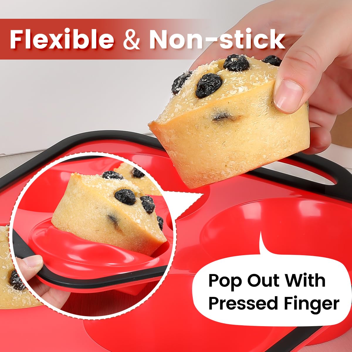 Jumbo Muffin Pan, 3.5 Inch Large Muffin Pan with Metal Reinforced Frame 6 Cup Silicone Jumbo Cupcake Pans for Baking Easy to Handle 2 Pack Red Black Brim