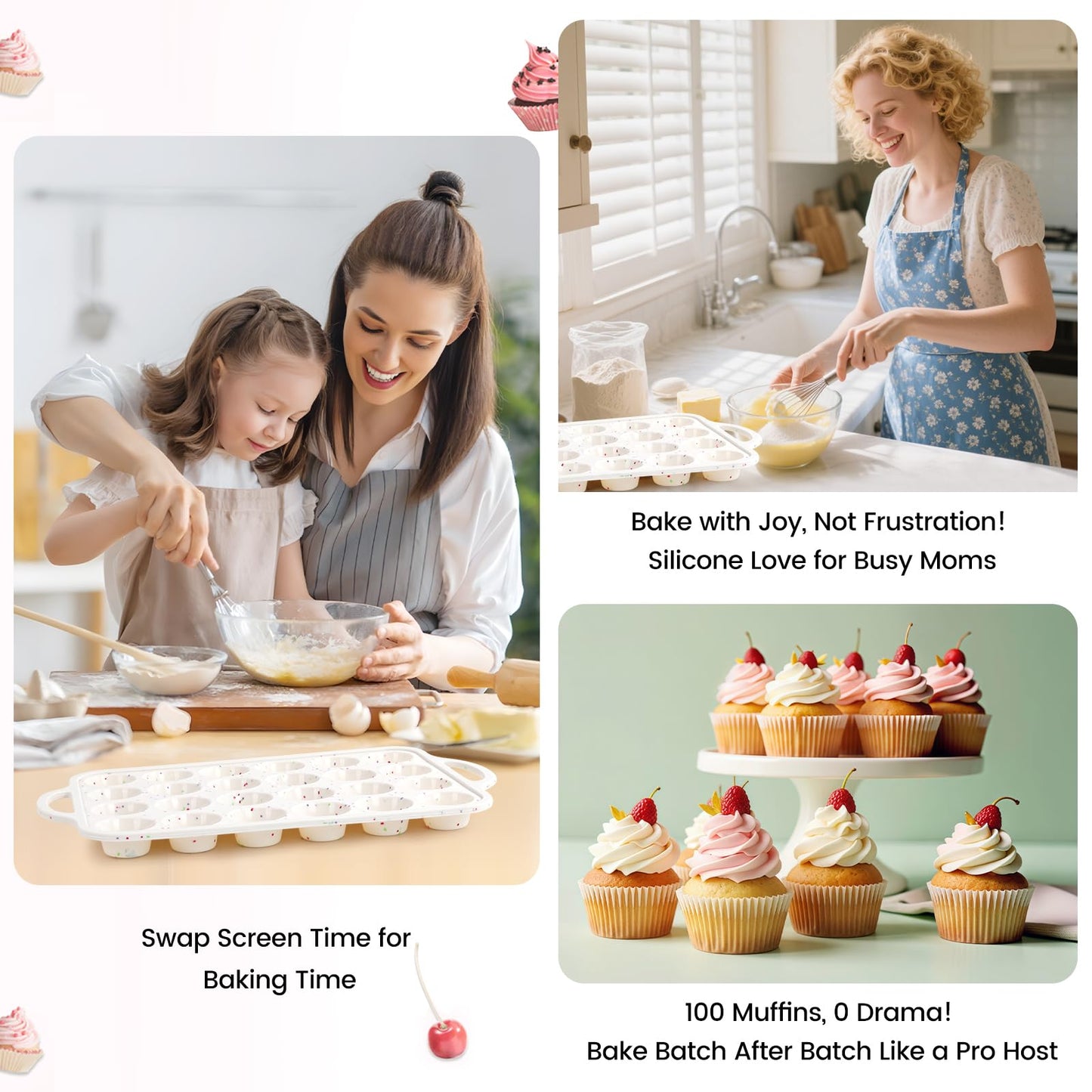 Fimary Muffin Pans With Metal Reinforced Frame - 24 Cups Durable Silicone Baking Pan for Muffins, Cupcakes, BPA Free and Dishwasher Safe - Beige with Rainbow Spots, Set of 2