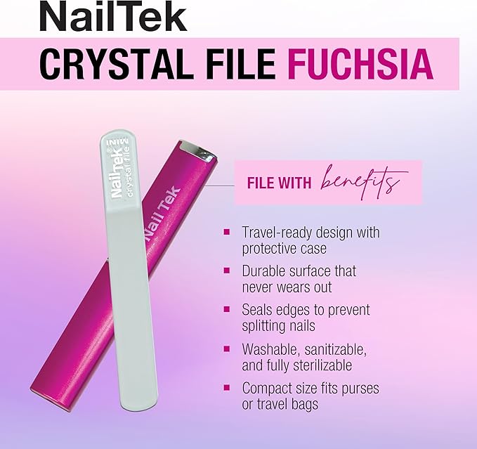 Nail Tek Crystal File - Glass Nail File with Case, Durable & Gentle for Natural Nails, Travel-Friendly Design, Fuchsia, Mini 3"