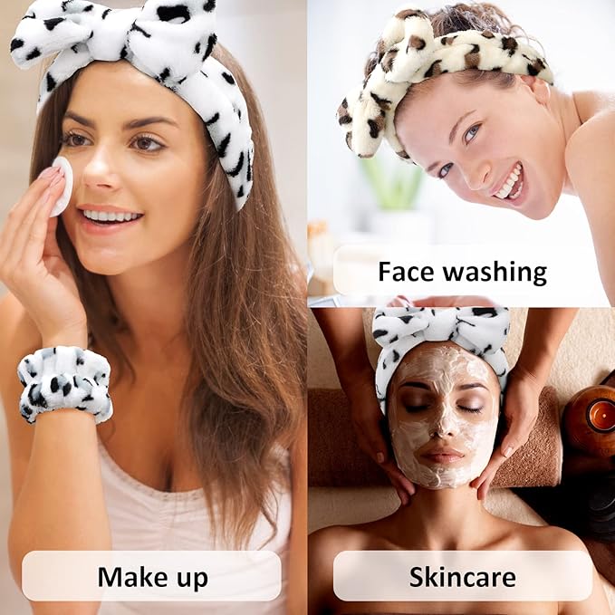 12PCS Spa Headband and Wristbands for Face Washing - Super Cute Soft Microfiber Makeup Headband with Highly Absorbent Elastic Bow Skincare Bands for Women and Girls