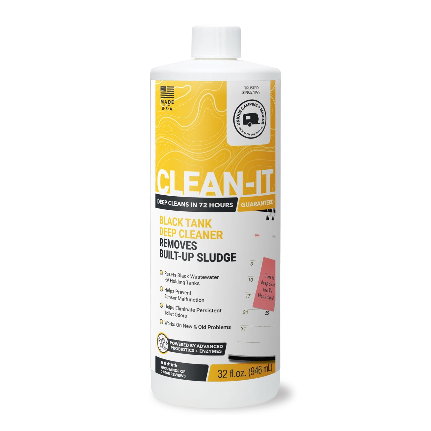 Unique Clean-It RV Black Tank Cleaner Liquid - Effectively Resets Dirty RV Black Tanks - Eliminates Odors and Waste (32 oz) Amazon Exclusive Packaging