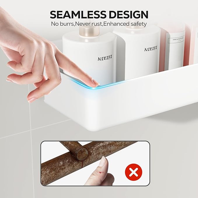 Nieifi Adhesive Wall Shelf, Shower Shelves, Shower Organizer for Bathroom Organization (White, 2 pieces)