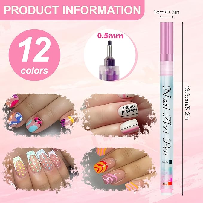 12 Color Nail Art Pens Set, 0.5 MM Nail Polish Pens Dotting Drawing Painting Point Liner Painted Pen Kit, Waterproof and Quick-drying Nail for DIY Nails Art Design Manicure Tools