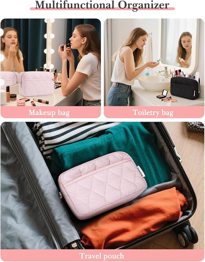 Noozion Makeup Bag Travel Toiletry Bag, Puffy Padded Cosmetic Bag for Women, Makeup Organizer Case, Wide-open Pouch Purse, Travel Essentials