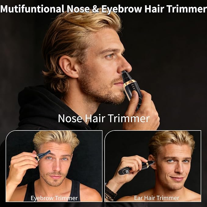 Yunmiss Nose and Ear Hair Trimmer for Men Women,2 in 1 LED Display Eyebrow Hair Trimmer with USB Rechargeable,2026 Portble Waterproof Facial Hair Removal with Dual-Edge Blades for Travel (Black)
