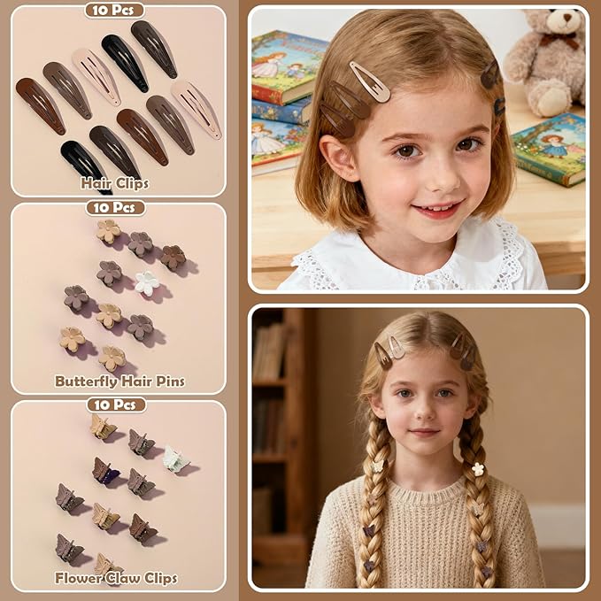 Hair Accessories for Girls - 360 Pieces Cotton Toddler Hair Ties Brown Ponytail Holders, Hair Clips and Hair Tail Tools, Neutral Colors
